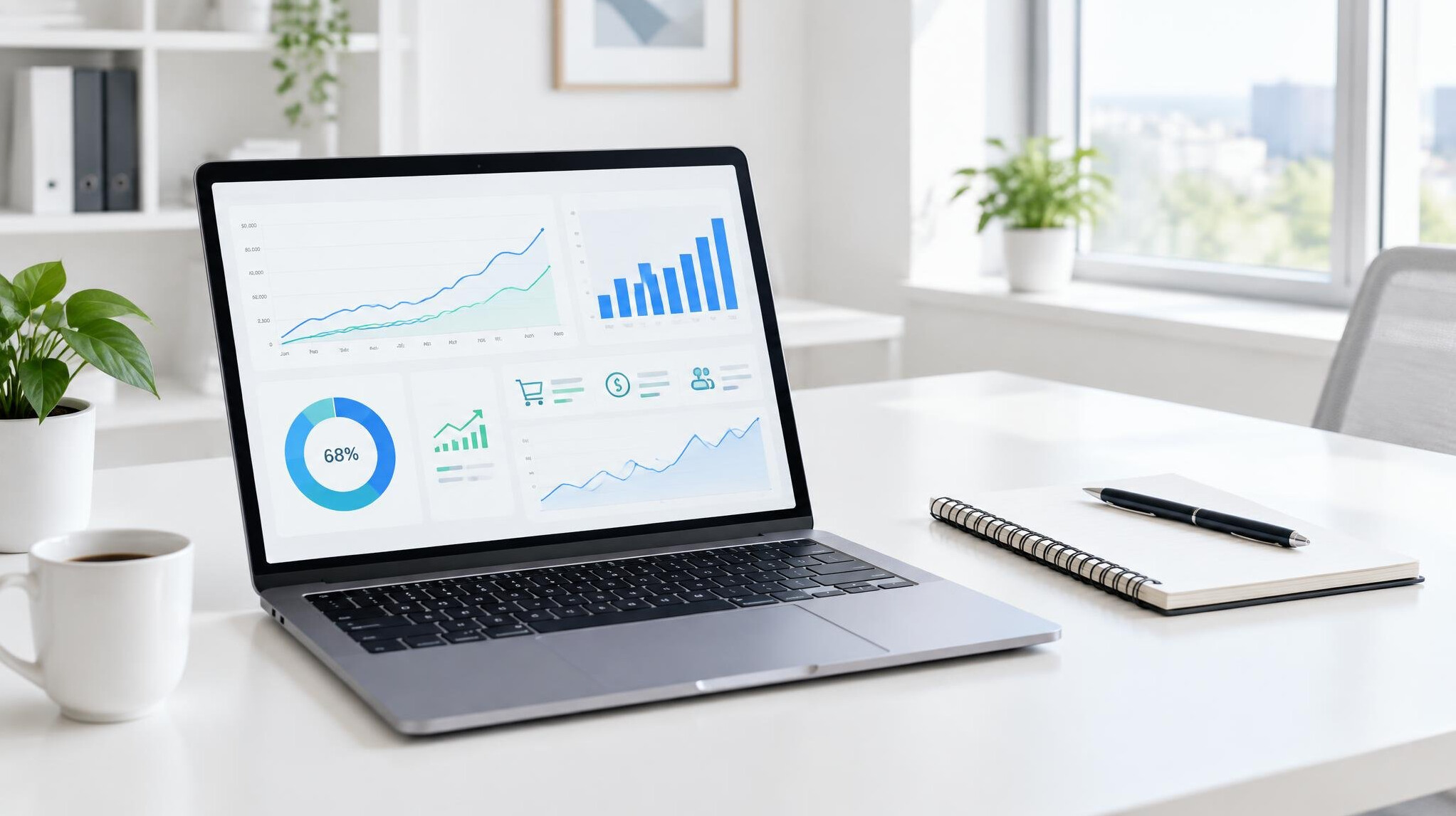 Laptop with business statistics on a white desk