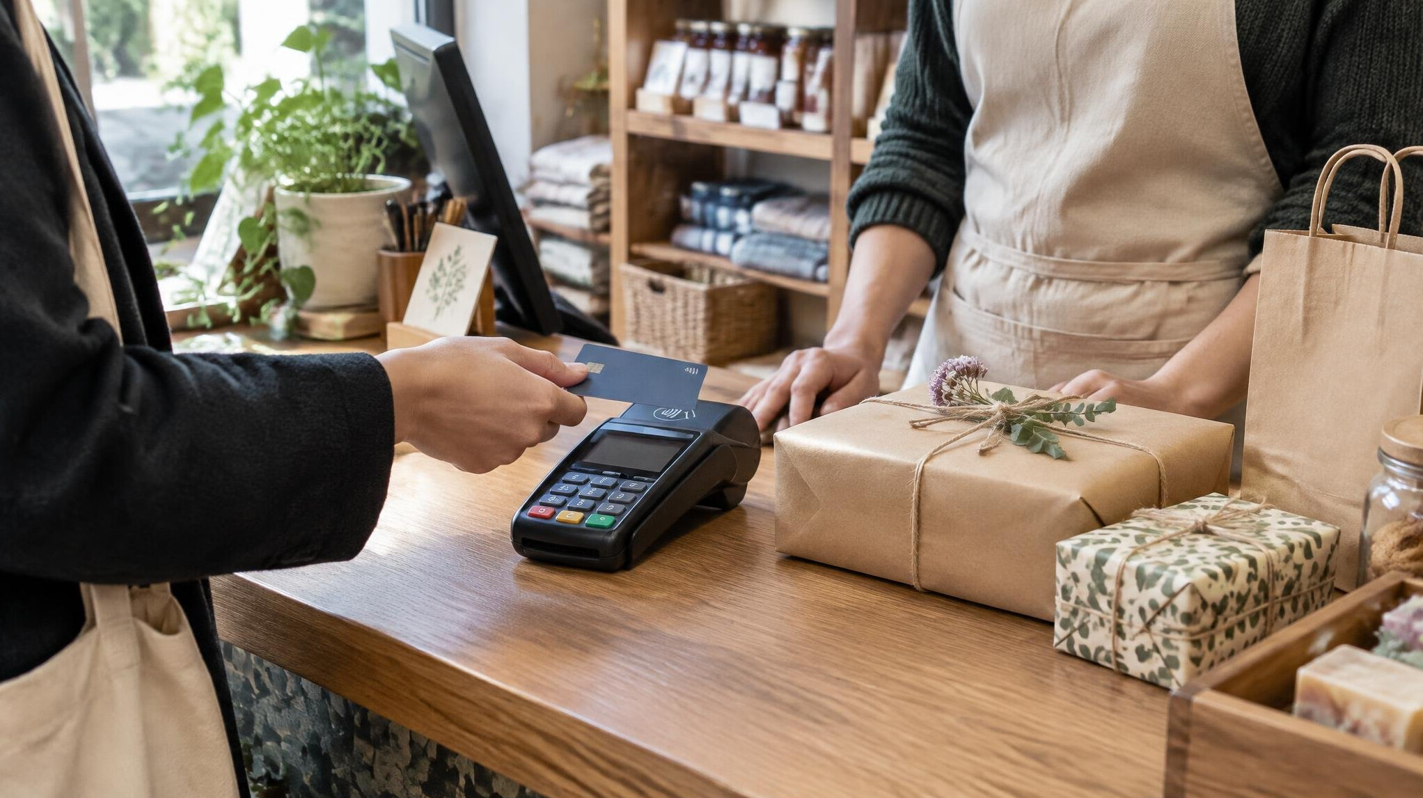 Checkout counter of a small shop with a payment terminal