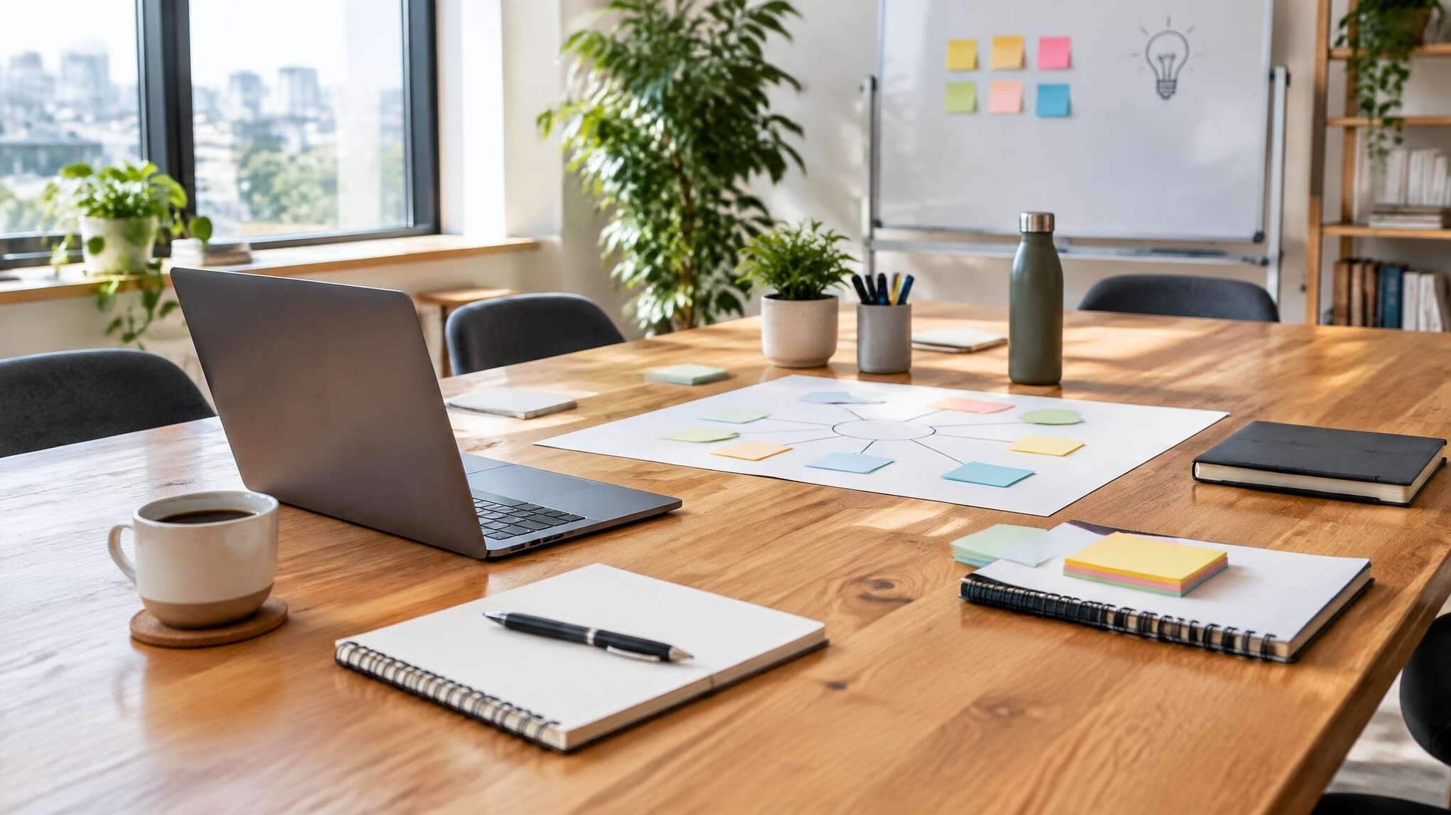 Bright workspace with laptop and notebooks for planning