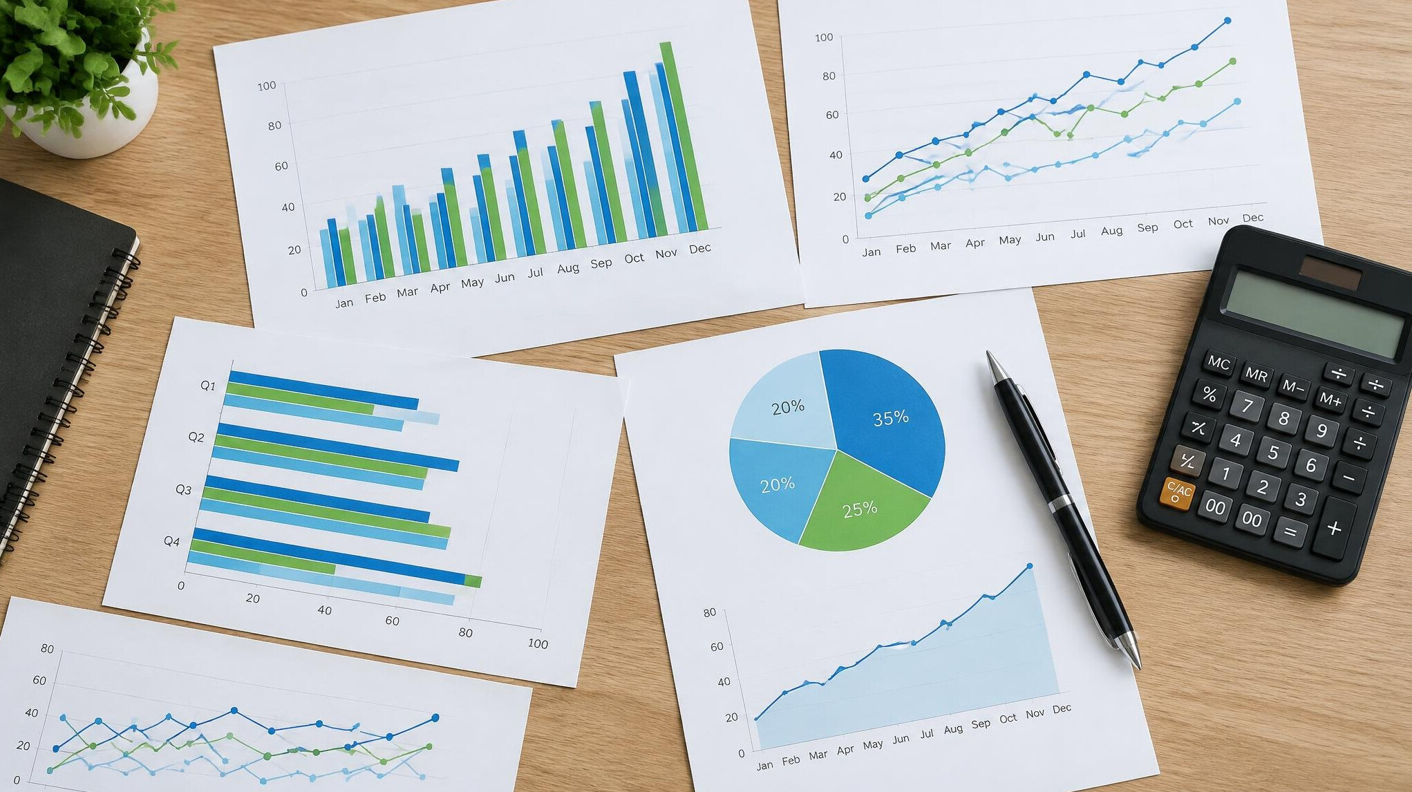 Desk with printed charts and a pen for data analysis