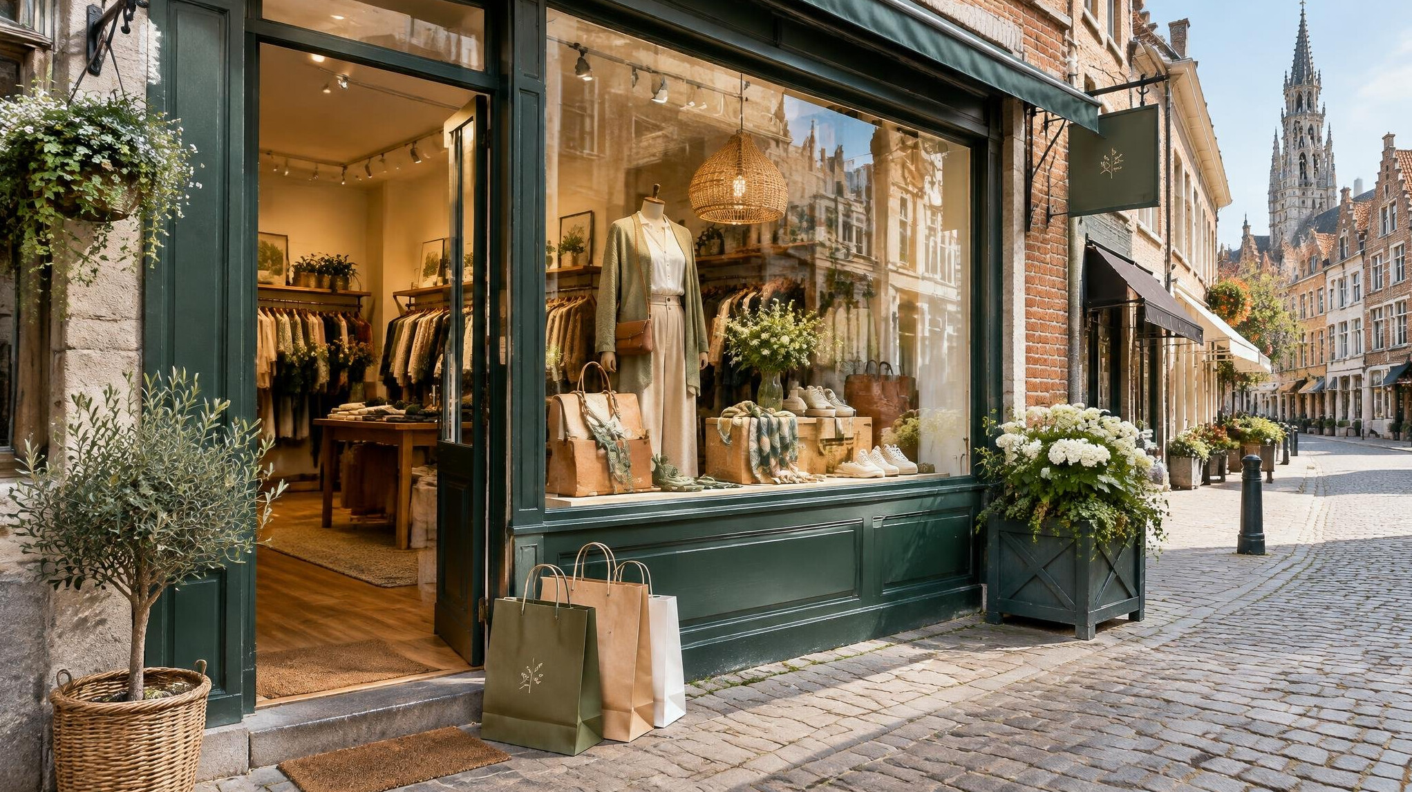 Shopping bags and boutique storefront on a local street
